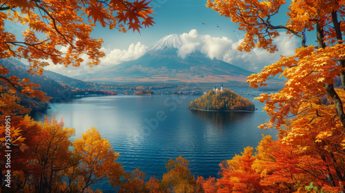 View of lake toya  framed by autumn trees in the evening  and volcanic island in the middle of the lake  abuta  hokkaido  japan  asia.