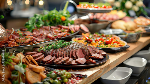 Lavish party buffet offering a selection of exquisite meat and vegetable dishes, inviting guests to a vibrant feast celebration.