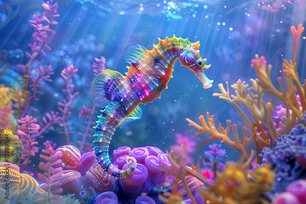 Enchanted seahorses fluttering around a rainbow coral reef Enchanted seahorses fluttering around a rainbow coral reef