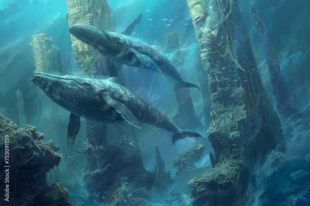 Fototapeta premium Gentle leviathans circling ancient coral towers