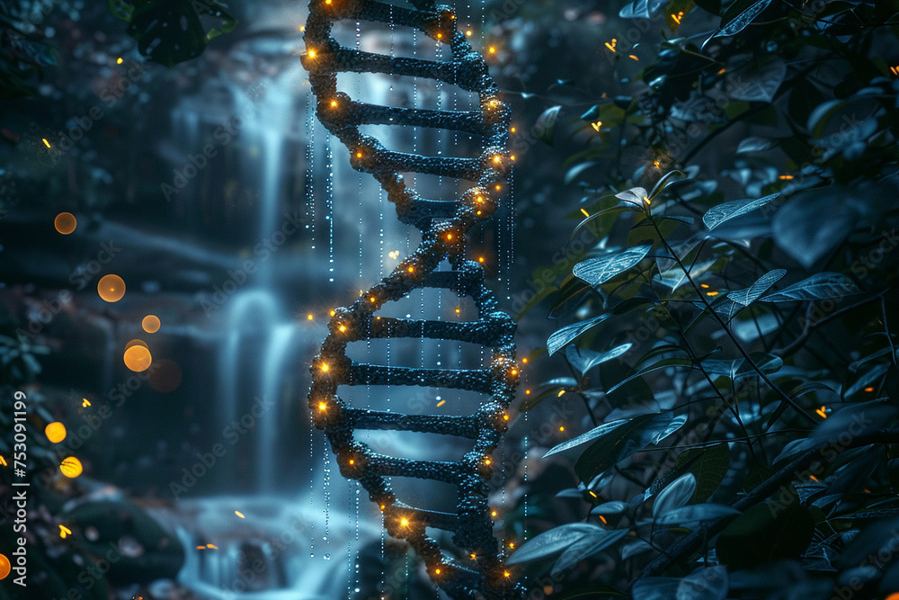 Waterfall cascading over DNA double helix sculptures fireflies creating a magical glow