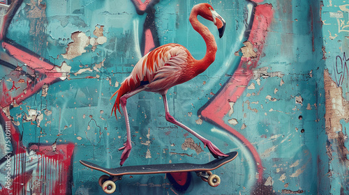 An urban setting where a graffiti-covered wall serves as the backdrop for a flamingo pulling off a daring skateboard trick © pprothien