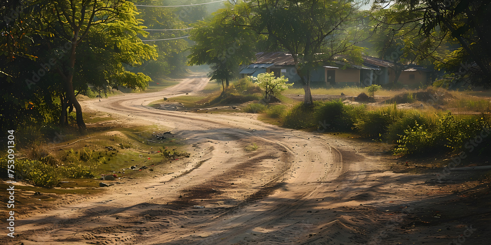 Obraz premium Winding Road Surrounded by Forest and Sunlight, Extending to Village Curved Sand or Mud Road