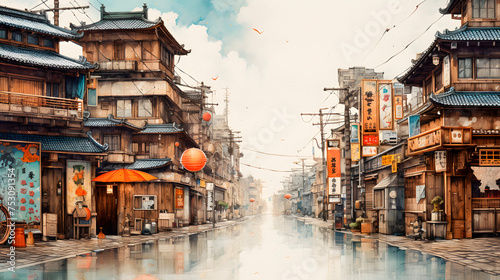 watercolor of a chinese city, asian architecture