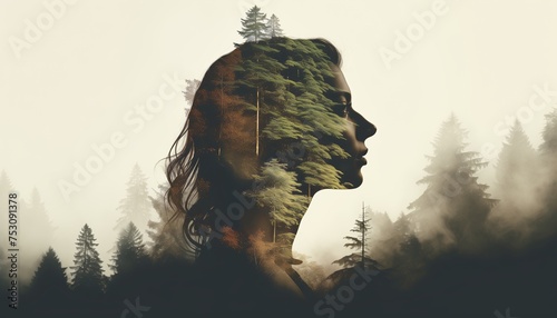 Double exposure of a woman and nature concept, In concept of nature and peace of mind.