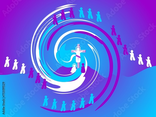Crucifixion of Jesus on Mount Golgotha, Mary and Saint John under cross, swirl and silhouettes of modern people - abstract graphic with blue and pink colors. Topics: Paschal Triduum, Good Friday photo