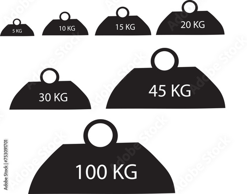 Weight of 5 kg, 10 kg, 15 kilo, 20 kilo, 30 kilo, 45 kilo and 100 kilograms vector icon set illustration