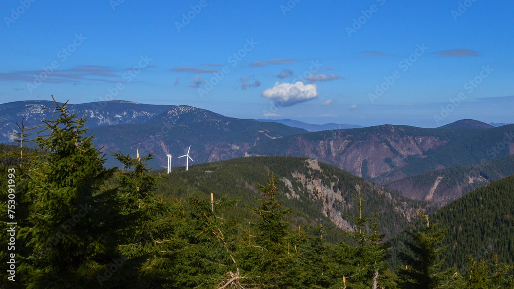 Fototapeta premium Loucna nad Desnu, Czech 5 March 2024:Beautiful Czech landscape, Jesenik and Kralik mountains in the Dlouhe strane water reservoir