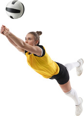 Dynamic competitive young woman, volleyball player in motion during game, hitting ball isolated on transparent background. Concept of professional sport, game, competition, championship