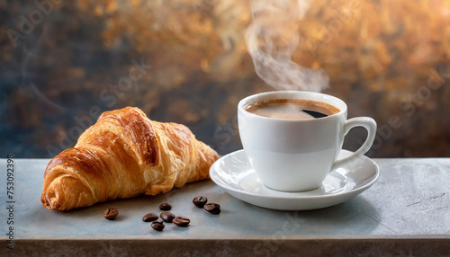 Cup of fresh and hot coffee with croissant on table. Aromatic drink.