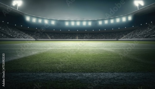 Soccer stadium illuminated at night, radiating energetic and motivational atmosphere. The bright stadium lights cast a glow over the lush green field, readying the scene for a thrilling game. AI photo