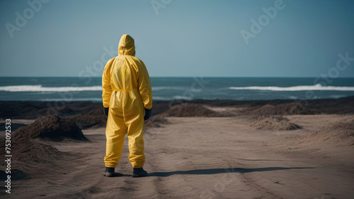 A man in a bright yellow radiation suit stands on the shore of a sandy beach and looks into the distance. Environmental disaster, radiation pollution, radiation, environmental pollution