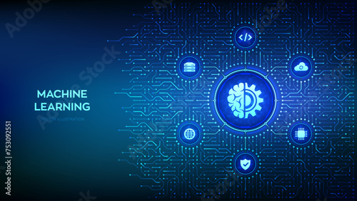 Machine learning. AI Artificial Intelligence. Deep learning. Data mining, Big Data, algorithm, neural network. Background with circuit board connections and tech icons. Vector Illustration.