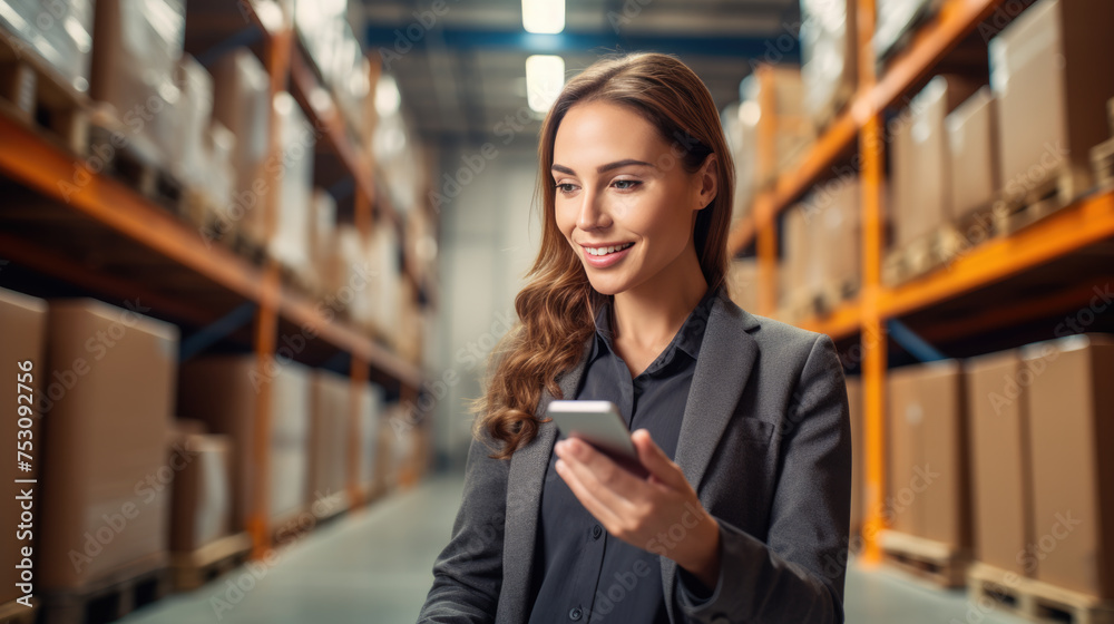 Smiling woman standing in a warehouse aisle, using a smartphone possibly to manage or check inventory. Smiling woman standing in a warehouse aisle, using a smartphone possibly to manage or check inventory.