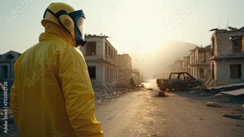 A man in a bright yellow protective radiation suit stands with his back to the camera in a city block, with destroyed buildings and debris and a wrecked car in front of him