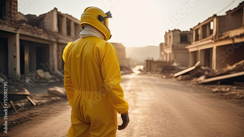 A man in a bright yellow protective radiation suit stands with his back to the camera in a city block, with destroyed buildings and debris in front of him