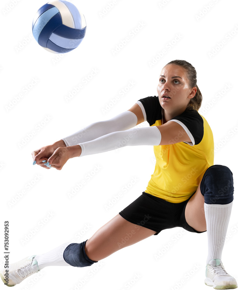 Professional female volleyball player, concentrated young woman hitting ball isolated on transparent background. Training. Concept of professional sport, game, competition, championship - obrazy, fototapety, plakaty 