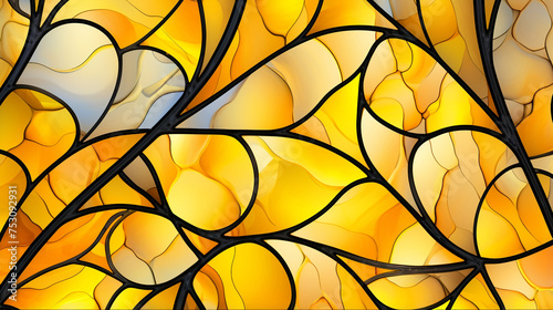 Random pattern on stained glass that is yellow in tone.