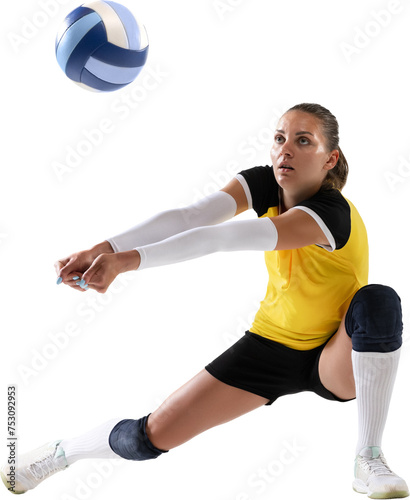 Professional female volleyball player, concentrated young woman hitting ball isolated on transparent background. Training. Concept of professional sport, game, competition, championship