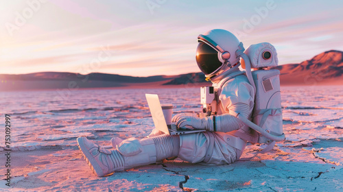 An astronaut lounges with a laptop in alien-like terrain, symbolizing solitude and the digital age