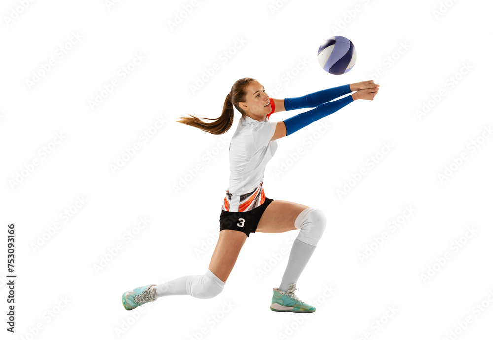 Competitive, concentrated young woman, beach volleyball player in motion, training, hitting ball isolated on transparent background. Concept of professional sport, game, competition, championship - obrazy, fototapety, plakaty 