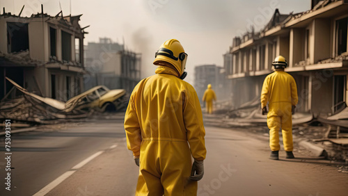 Two men in bright yellow protective radiation suits stand in the street of an urban ruined neighborhood. In front of them are ruined buildings and the wreckage of an airplane