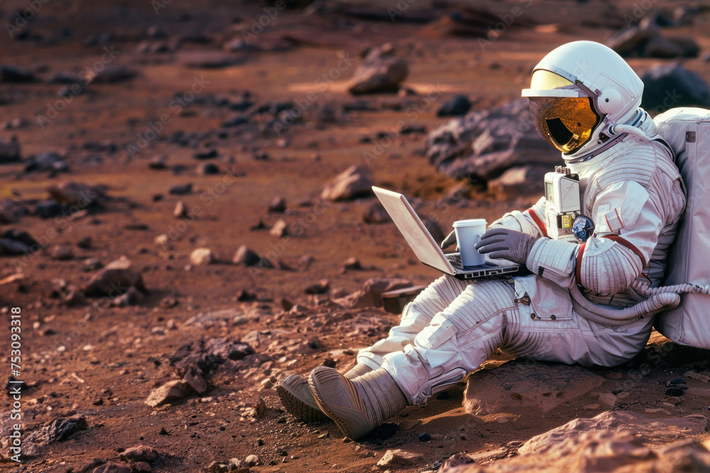 An astronaut is using a laptop while enjoying a cup of coffee, seated on a rocky Martian landscape as if in a casual remote office - obrazy, fototapety, plakaty 