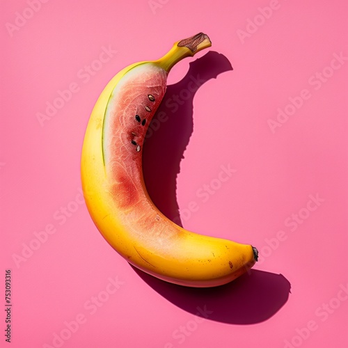 A ripe banana is juxtaposed against a fuzzy pink backdrop, invoking intrigue with a censored region over the image photo