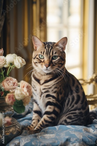 An exquisite Bengal cat poses with sophisticated poise surrounded by opulent flowers and rich fabrics, symbolizing wealth and rarity © Glittering Humanity
