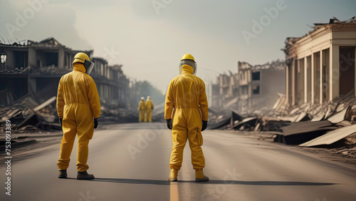 Two men in bright yellow protective radiation suits stand in the street of an urban ruined neighborhood. In front of them are ruined buildings and debris
