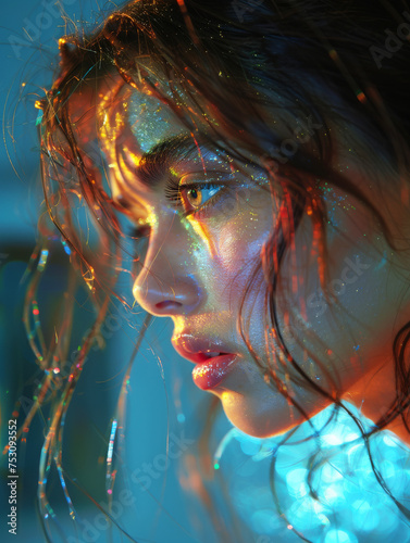 Captivating Portrait in Red and Blue Light. A woman's face in captivating red and blue light.