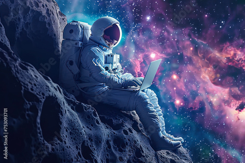 A tranquil yet surreal depiction of an astronaut sitting on a moon rock leisurely using a laptop surrounded by the serene beauty of the universe