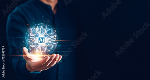 AI Artificial Intelligence concept. Man using AI technology to generates something and analyze big data, Futuristic technology transformation background with copyspace