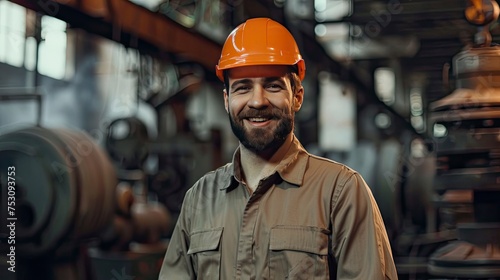 orange helmet and khaki worker uniform smiles, copy space - generative ai