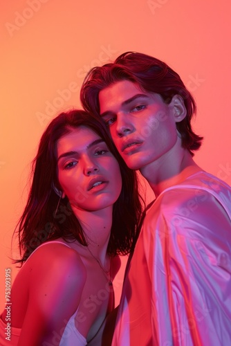 A stylish couple captured against a warm amber-toned neon background, reflecting modern sensuality