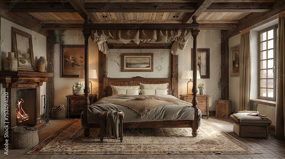 Rustic Charm Cozy Bedroom with Four-Poster Bed

