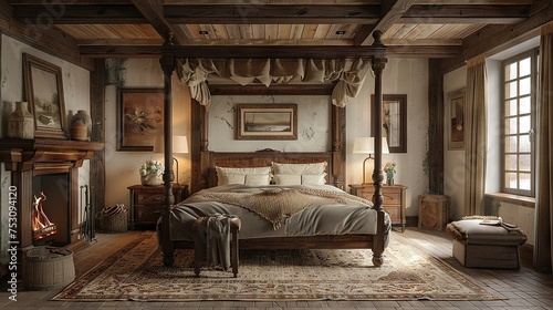 Rustic Charm Cozy Bedroom with Four-Poster Bed