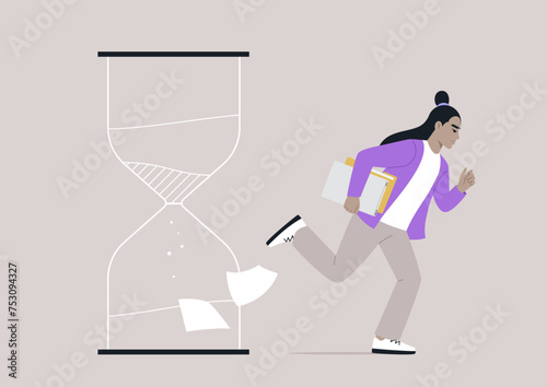 Racing Against Time, Sprinting Beside a Ticking Sandglass, A determined runner with a folder in hand charges past a large sand timer