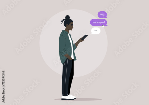Casual Digital Conversation, A character Texting on their Phone, a millennial stands engrossed in a texting conversation on their smartphone