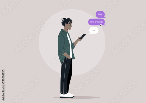 Casual Digital Conversation, A character Texting on their Phone, a millennial stands engrossed in a texting conversation on their smartphone