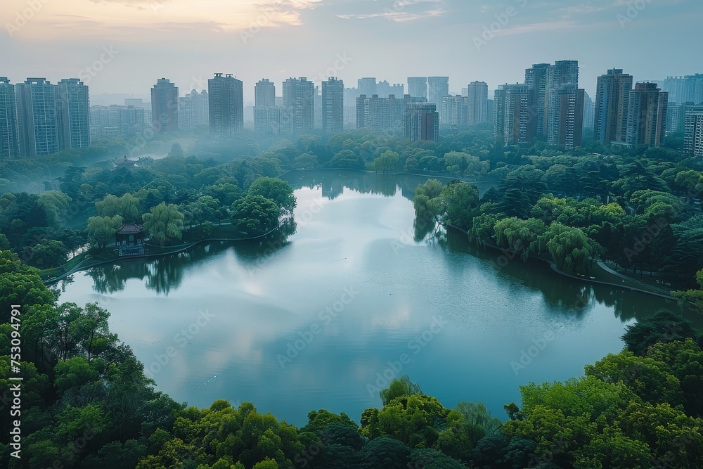 A serene city park featuring a large tranquil lake surrounded by lush greenery and distant high-rise buildings