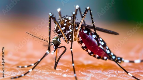 Mosquito feeds from the human skin close-up macro. Hungry mosquito drinking blood. Generative ai