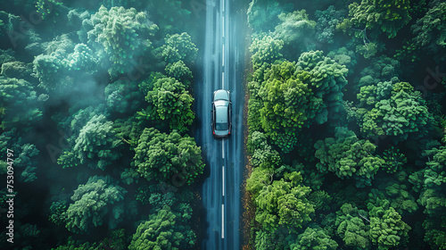 Top view of a car driving along a road in a fresh forest. Ecology theme