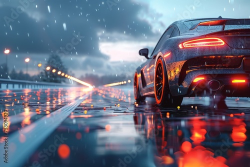 Dynamic image of a high-performance car on a wet road, reflecting the speed and thrill of driving in a rainy evening setting photo
