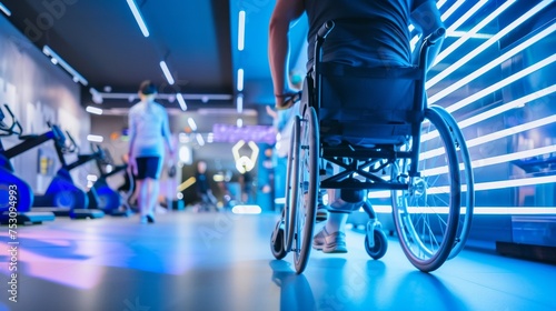 Inclusive fitness scene with wheelchair athlete navigating a neon-lit gym space
