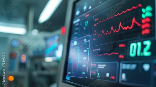 ECG or EKG heart rate monitor display in hospital close-up. Generative ai