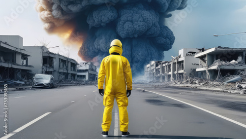 A man in a bright yellow protective radiation suit stands with his back to the camera in a city block, with destroyed buildings and black smoke in front of him. Nuclear explosion