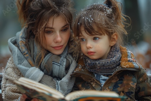 Mom and Daughter Sharing a Book in Snow, Fantastical Composition, Dark Beige & Gray, Colorful Portraiture photo