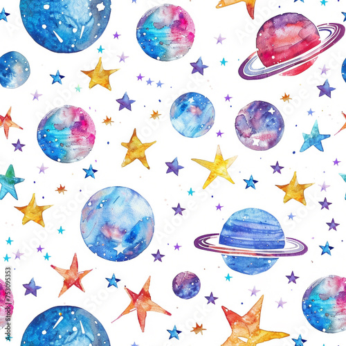 Watercolor pattern of seamless stars and planets, clipart for cosmic themed nursery decor, isolate on white background