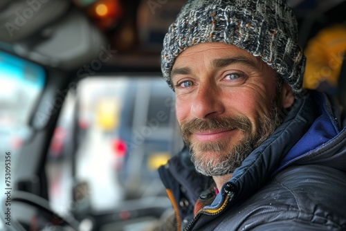Warmly dressed trucker with a friendly gaze, offering a sense of comfort and reliability in cold weather